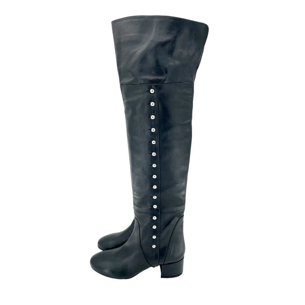 Charles David Boots Black Leather Over-The-Knee Studded Military SZ 6.5 NEW